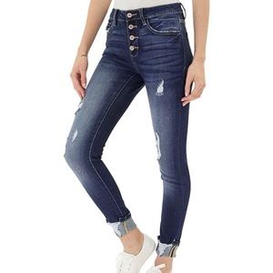 KanCan  High Rise Button Fly Dark Distressed Ankle Skinny Jeans Size 7 NWT